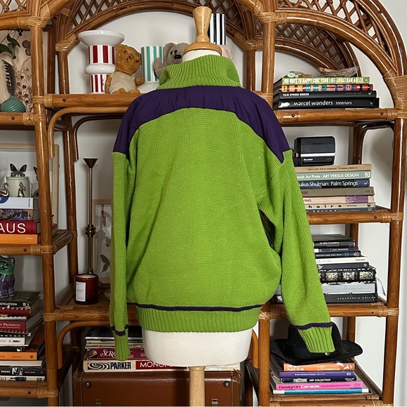 Vintage Women’s Large / Men’s Medium Vuarnet Knit Sweater Lime Green + Purple - Picture 2 of 6